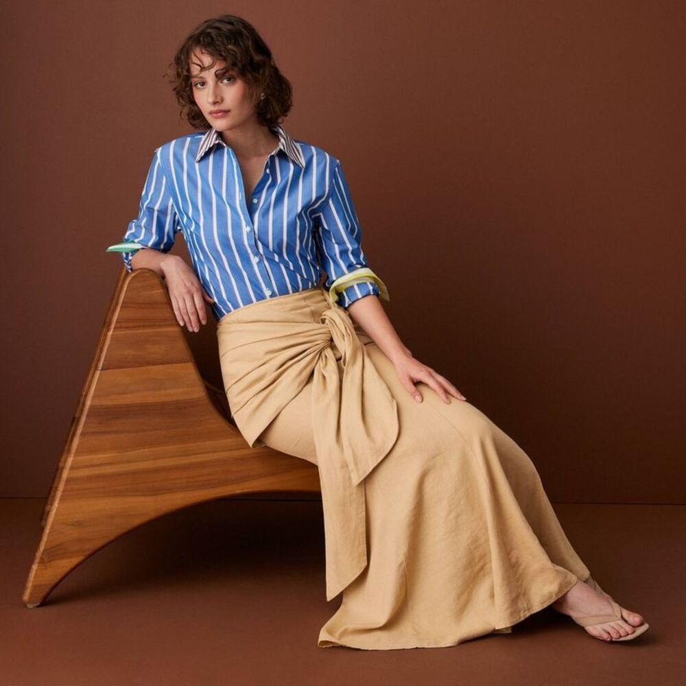 Women's Long Sleeve Poplin Button-Down Striped Shirt Blue L - Picture 3 of 4